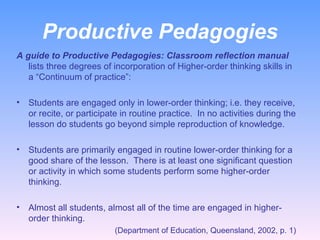 Productive Pedagogies A guide to Productive Pedagogies: Classroom reflection manual  lists three degrees of incorporation of Higher-order thinking skills in a “Continuum of practice”:   Students are engaged only in lower-order thinking; i.e. they receive, or recite, or participate in routine practice.  In no activities during the lesson do students go beyond simple reproduction of knowledge. Students are primarily engaged in routine lower-order thinking for a good share of the lesson.  There is at least one significant question or activity in which some students perform some higher-order thinking. Almost all students, almost all of the time are engaged in higher-order thinking.    (Department of Education, Queensland, 2002, p. 1)  