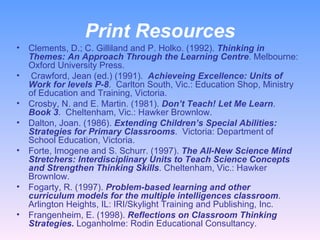 Print Resources Clements, D.; C. Gilliland and P. Holko. (1992).  Thinking in Themes: An Approach Through the Learning Centre . Melbourne: Oxford University Press. Crawford, Jean (ed.) (1991).  Achieveing Excellence: Units of Work for levels P-8 .  Carlton South, Vic.: Education Shop, Ministry of Education and Training, Victoria.  Crosby, N. and E. Martin. (1981).  Don’t Teach! Let Me Learn .  Book 3 .  Cheltenham, Vic.: Hawker Brownlow.  Dalton, Joan. (1986).  Extending Children’s Special Abilities: Strategies for Primary Classrooms .  Victoria: Department of School Education, Victoria.  Forte, Imogene and S. Schurr. (1997).  The All-New Science Mind Stretchers: Interdisciplinary Units to Teach Science Concepts and Strengthen Thinking Skills . Cheltenham, Vic.: Hawker Brownlow.  Fogarty, R. (1997).  Problem-based learning and other curriculum models for the multiple intelligences classroom . Arlington Heights, IL: IRI/Skylight Training and Publishing, Inc.  Frangenheim, E. (1998).  Reflections on Classroom Thinking Strategies.  Loganholme: Rodin Educational Consultancy.  