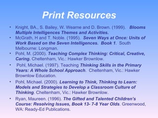 Print Resources Knight, BA., S. Bailey, W. Wearne and D. Brown. (1999).  Blooms Multiple Intelligences Themes and Activities.   McGrath, H and T. Noble. (1995).  Seven Ways at Once: Units of Work Based on the Seven Intelligences.  Book 1 .  South Melbourne: Longman. Pohl, M. (2000).  Teaching Complex Thinking: Critical, Creative, Caring.  Cheltenham, Vic.: Hawker Brownlow.  Pohl, Michael. (1997). Teaching  Thinking Skills in the Primary Years: A Whole School Approach .  Cheltenham, Vic.: Hawker Brownlow Education.  Pohl, Michael. (2000).  Learning to Think, Thinking to Learn: Models and Strategies to Develop a Classroom Culture of Thinking . Cheltenham, Vic.: Hawker Brownlow.  Ryan, Maureen. (1996).  The Gifted and Talented Children’s Course: Resolving Issues, Book 13- 7-8 Year Olds . Greenwood, WA: Ready-Ed Publications.  