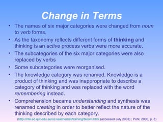 Change in Terms The names of six major categories were changed from  noun  to  verb  forms.  As the taxonomy reflects different forms of  thinking  and thinking is an  active  process verbs were more accurate.  The subcategories of the six major categories were also replaced by verbs  Some subcategories were reorganised. The knowledge category was renamed. Knowledge is a product of thinking and was inappropriate to describe a category of thinking and was replaced with the word  remembering  instead. Comprehension became  understanding  and synthesis was renamed  creating  in order to better reflect the nature of the thinking described by each category. ( http://rite.ed.qut.edu.au/oz-teachernet/training/bloom.html  (accessed July 2003) ; Pohl, 2000, p. 8)  