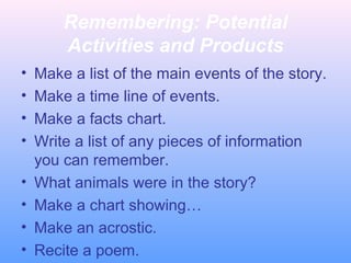 Remembering: Potential
Activities and Products
• Make a list of the main events of the story.
• Make a time line of events.
• Make a facts chart.
• Write a list of any pieces of information
you can remember.
• What animals were in the story?
• Make a chart showing…
• Make an acrostic.
• Recite a poem.
 