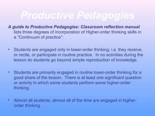 Productive Pedagogies
A guide to Productive Pedagogies: Classroom reflection manual
lists three degrees of incorporation of Higher-order thinking skills in
a “Continuum of practice”:
• Students are engaged only in lower-order thinking; i.e. they receive,
or recite, or participate in routine practice. In no activities during the
lesson do students go beyond simple reproduction of knowledge.
• Students are primarily engaged in routine lower-order thinking for a
good share of the lesson. There is at least one significant question
or activity in which some students perform some higher-order
thinking.
• Almost all students, almost all of the time are engaged in higher-
order thinking.
 