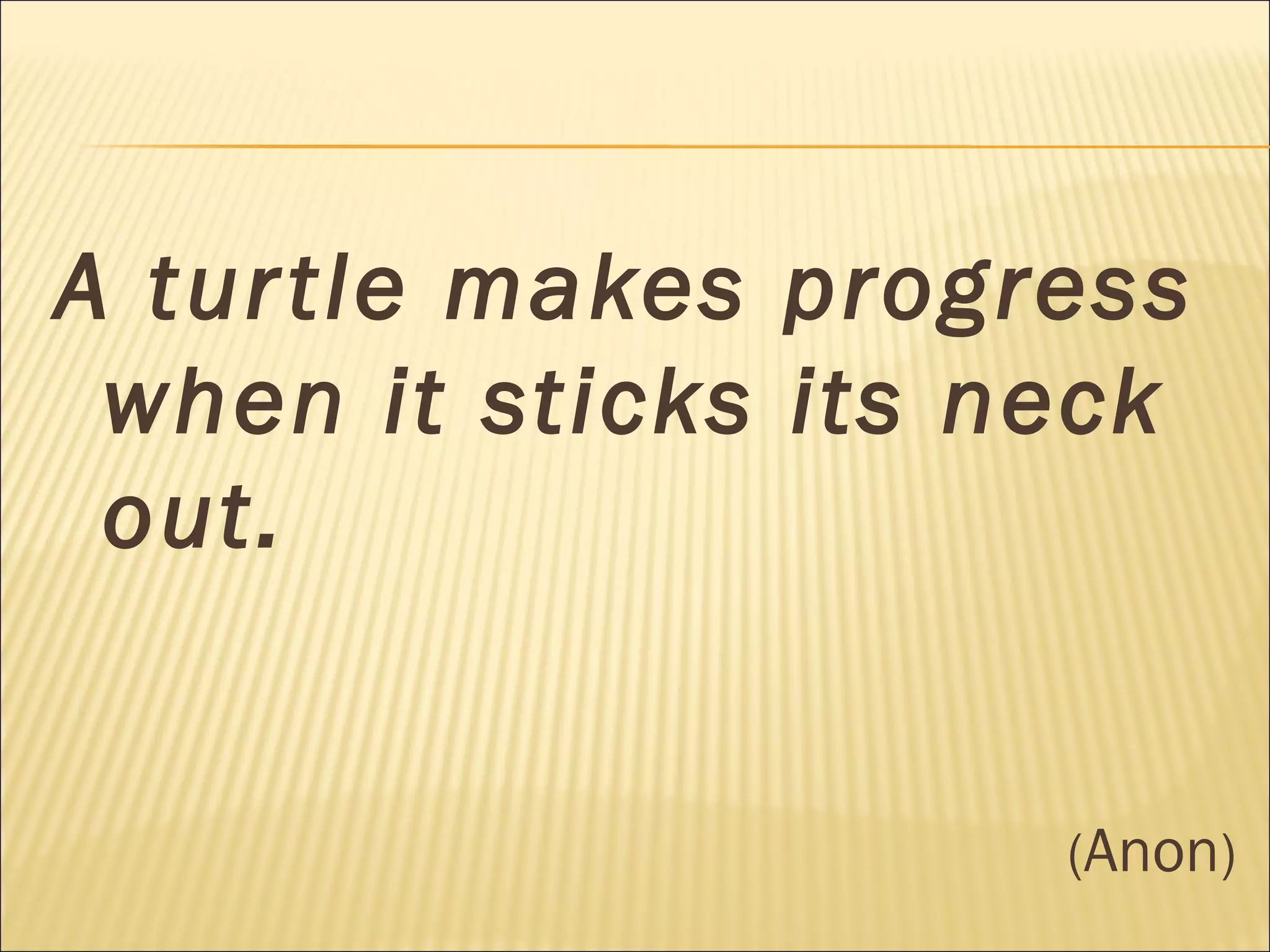A turtle makes progress
when it sticks its neck
out.
(Anon)
 