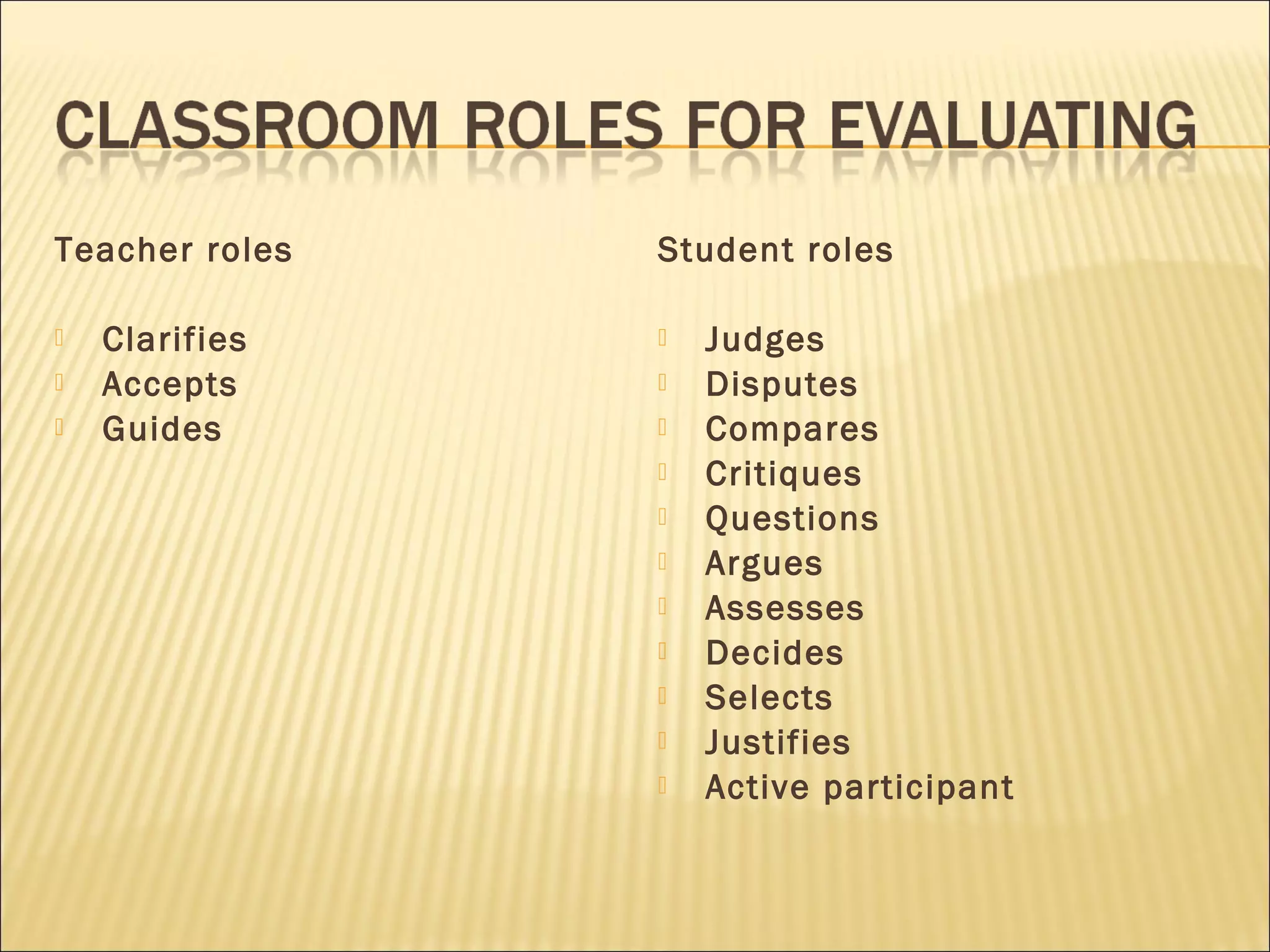 Teacher roles
 Clarifies
 Accepts
 Guides
Student roles
 Judges
 Disputes
 Compares
 Critiques
 Questions
 Argues
 Assesses
 Decides
 Selects
 Justifies
 Active participant
 