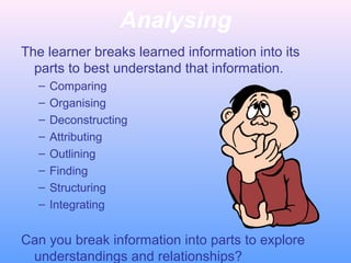 Analysing
The learner breaks learned information into its
parts to best understand that information.
–
–
–
–
–
–
–
–

Comparing
Organising
Deconstructing
Attributing
Outlining
Finding
Structuring
Integrating

Can you break information into parts to explore
understandings and relationships?

 