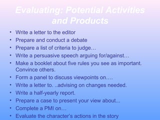 Evaluating: Potential Activities
and Products
•
•
•
•
•
•
•
•
•
•
•

Write a letter to the editor
Prepare and conduct a debate
Prepare a list of criteria to judge…
Write a persuasive speech arguing for/against…
Make a booklet about five rules you see as important.
Convince others.
Form a panel to discuss viewpoints on….
Write a letter to. ..advising on changes needed.
Write a half-yearly report.
Prepare a case to present your view about...
Complete a PMI on…
Evaluate the character’s actions in the story

 
