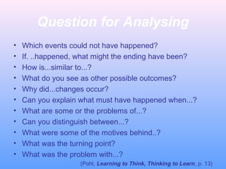 Question for Analysing
•
•
•
•
•
•
•
•
•
•
•

Which events could not have happened?
If. ..happened, what might the ending have been?
How is...similar to...?
What do you see as other possible outcomes?
Why did...changes occur?
Can you explain what must have happened when...?
What are some or the problems of...?
Can you distinguish between...?
What were some of the motives behind..?
What was the turning point?
What was the problem with...?
(Pohl, Learning to Think, Thinking to Learn, p. 13)

 