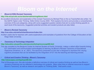 Bloom on the Internet
•
Bloom's(1956) Revised Taxonomy
http://rite.ed.qut.edu.au/oz-teachernet/training/bloom.html
An excellent introduction and explanation of the revised Taxonomy by Michael Pole on the oz-TeacherNet site written for
the QSITE Higher order Thinking Skills Online Course 2000. Pohl explains the terms and provides a comprehensive
overview of the sub-categories, along with some suggested question starters that aim to evoke thinking specific to
each level of the taxonomy. Suggested potential activities and student products are also listed.
•

Bloom’s Revised Taxonomy
http://coe.sdsu.edu/eet/articles/bloomrev/index.htm
Another useful site for teachers with useful explanations and examples of questions from the College of Education at San
Diego State University.
•

Taxonomy of Technology Integration
http://education.ed.pacificu.edu/aacu/workshop/reconcept2B.html
This site compiled by the Berglund Center for Internet Studies at Pacific University, makes a valiant effort towards linking
ICT (information and communication technologies) to learning via Bloom's Revised Taxonomy of Educational
Objectives (Anderson, et. al., 2001). The taxonomy presented on this site is designed to represent the varying
cognitive processes that can be facilitated by the integration of ICT into the teaching and learning process.
•
Critical and Creative Thinking - Bloom's Taxonomy
http://eduscapes.com/tap/topic69.htm
Part of Eduscape.com, this site includes a definitive overview of critical and creative thinking as well as how Bloom’s
domains of learning can be reflected in technology-rich projects. Many other links to Internet resources to support
Bloom’s Taxonomy, as well as research and papers on Thinking Skills. Well worth a look.

 