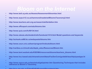 Bloom on the Internet
•
•
•
•
•
•
•
•
•
•
•
•
•
•
•
•
•
•
•
•
•
•
•
•

http://www.tedi.uq.edu.au/Assess/Assessment/bloomtax.html
http://www.acps.k12.va.us/hammond/readstrat/BloomsTaxonomy2.html
http://www.teachers.ash.org.au/researchskills/dalton.htm
http://www.officeport.com/edu/blooms.htm
http://www.quia.com/fc/90134.html
http://www.utexas.edu/student/utlc/handouts/1414.html Model questions and keywords
http://schools.sd68.bc.ca/webquests/blooms.htm
http://www.coun.uvic.ca/learn/program/hndouts/bloom.html
http://caribou.cc.trincoll.edu/depts_educ/Resources/Bloom.htm
http://www.kent.wednet.edu/KSD/MA/resources/blooms/teachers_blooms.html
http://www.hcc.hawaii.edu/intranet/committees/FacDevCom/guidebk/teachtip/questype.ht
m
http://www.nexus.edu.au/teachstud/gat/painter.htm Questioning Techniques that includes
reference to Bloom’s Taxonomy.

 