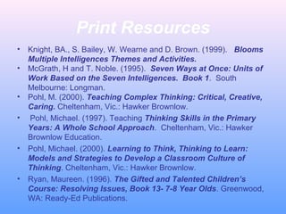 Print Resources
•
•
•
•

•

•

Knight, BA., S. Bailey, W. Wearne and D. Brown. (1999). Blooms
Multiple Intelligences Themes and Activities.
McGrath, H and T. Noble. (1995). Seven Ways at Once: Units of
Work Based on the Seven Intelligences. Book 1. South
Melbourne: Longman.
Pohl, M. (2000). Teaching Complex Thinking: Critical, Creative,
Caring. Cheltenham, Vic.: Hawker Brownlow.
Pohl, Michael. (1997). Teaching Thinking Skills in the Primary
Years: A Whole School Approach. Cheltenham, Vic.: Hawker
Brownlow Education.
Pohl, Michael. (2000). Learning to Think, Thinking to Learn:
Models and Strategies to Develop a Classroom Culture of
Thinking. Cheltenham, Vic.: Hawker Brownlow.
Ryan, Maureen. (1996). The Gifted and Talented Children’s
Course: Resolving Issues, Book 13- 7-8 Year Olds. Greenwood,
WA: Ready-Ed Publications.

 
