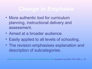 Change in Emphasis
• More authentic tool for curriculum
planning, instructional delivery and
assessment.
• Aimed at a broader audience.
• Easily applied to all levels of schooling.
• The revision emphasises explanation and
description of subcategories.
(http://rite.ed.qut.edu.au/oz-teachernet/training/bloom.html (accessed July 2003; Pohl, 2000, p. 10).

 