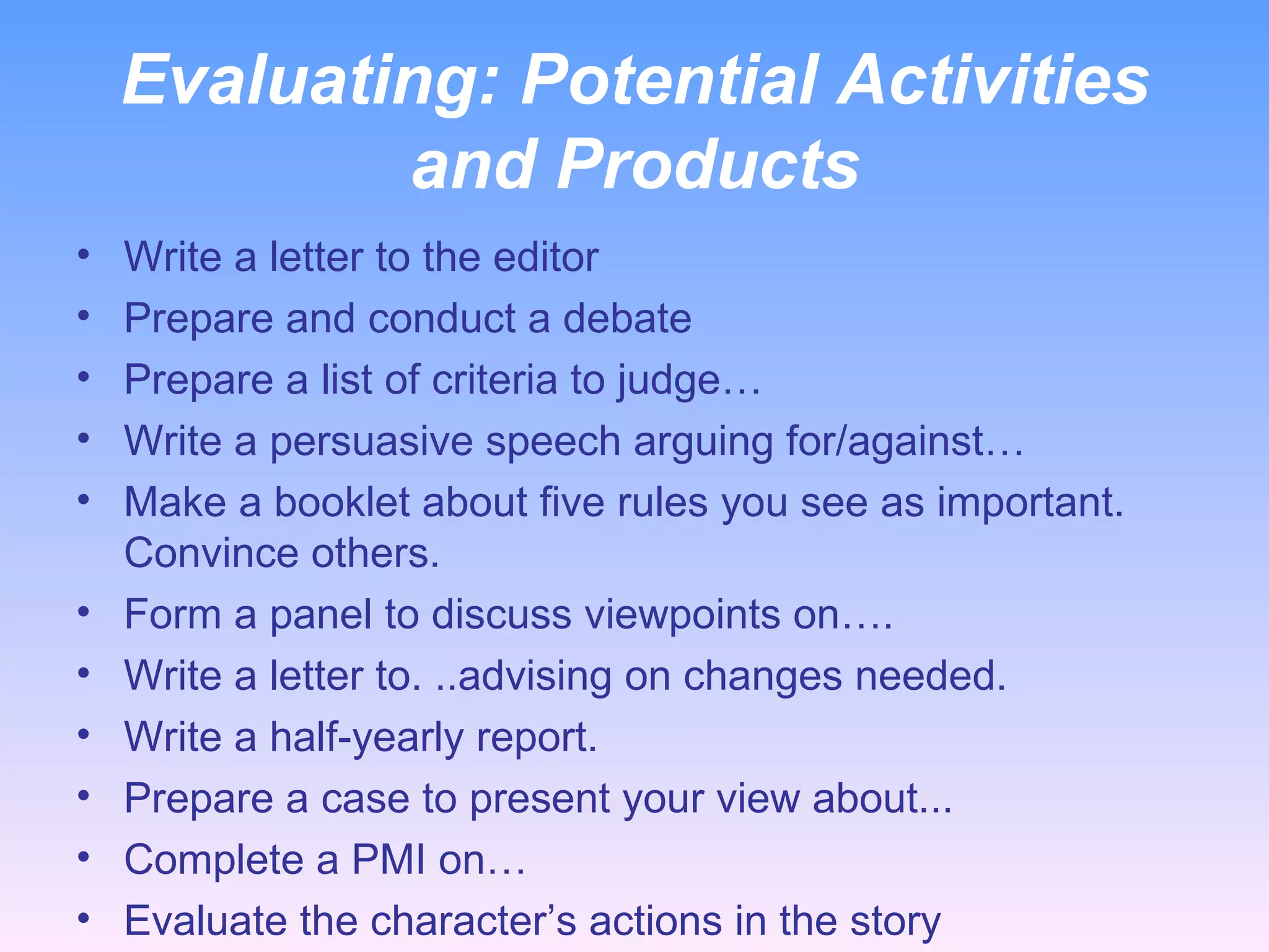 Evaluating:  Potential Activities and Products Write a letter to the editor Prepare and conduct a debate Prepare a list of criteria to judge… Write a persuasive speech arguing for/against… Make a booklet about five rules you see as important. Convince others. Form a panel to discuss viewpoints on…. Write a letter to. ..advising on changes needed. Write a half-yearly report. Prepare a case to present your view about... Complete a PMI on… Evaluate the character’s actions in the story 