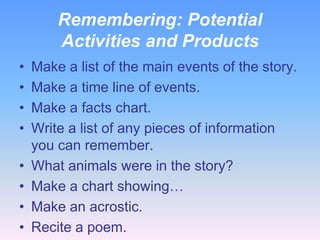 Remembering: Potential
Activities and Products
•
•
•
•
•
•
•
•

Make a list of the main events of the story.
Make a time line of events.
Make a facts chart.
Write a list of any pieces of information
you can remember.
What animals were in the story?
Make a chart showing…
Make an acrostic.
Recite a poem.

 