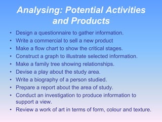 Analysing: Potential Activities
and Products
•
•
•
•
•
•
•
•
•

Design a questionnaire to gather information.
Write a commercial to sell a new product
Make a flow chart to show the critical stages.
Construct a graph to illustrate selected information.
Make a family tree showing relationships.
Devise a play about the study area.
Write a biography of a person studied.
Prepare a report about the area of study.
Conduct an investigation to produce information to
support a view.
• Review a work of art in terms of form, colour and texture.

 