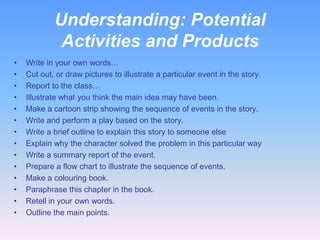 Understanding: Potential
             Activities and Products
•   Write in your own words…
•   Cut out, or draw pictures to illustrate a particular event in the story.
•   Report to the class…
•   Illustrate what you think the main idea may have been.
•   Make a cartoon strip showing the sequence of events in the story.
•   Write and perform a play based on the story.
•   Write a brief outline to explain this story to someone else
•   Explain why the character solved the problem in this particular way
•   Write a summary report of the event.
•   Prepare a flow chart to illustrate the sequence of events.
•   Make a colouring book.
•   Paraphrase this chapter in the book.
•   Retell in your own words.
•   Outline the main points.
 
