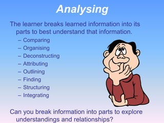 Analysing
The learner breaks learned information into its
  parts to best understand that information.
  –   Comparing
  –   Organising
  –   Deconstructing
  –   Attributing
  –   Outlining
  –   Finding
  –   Structuring
  –   Integrating


Can you break information into parts to explore
 understandings and relationships?
 