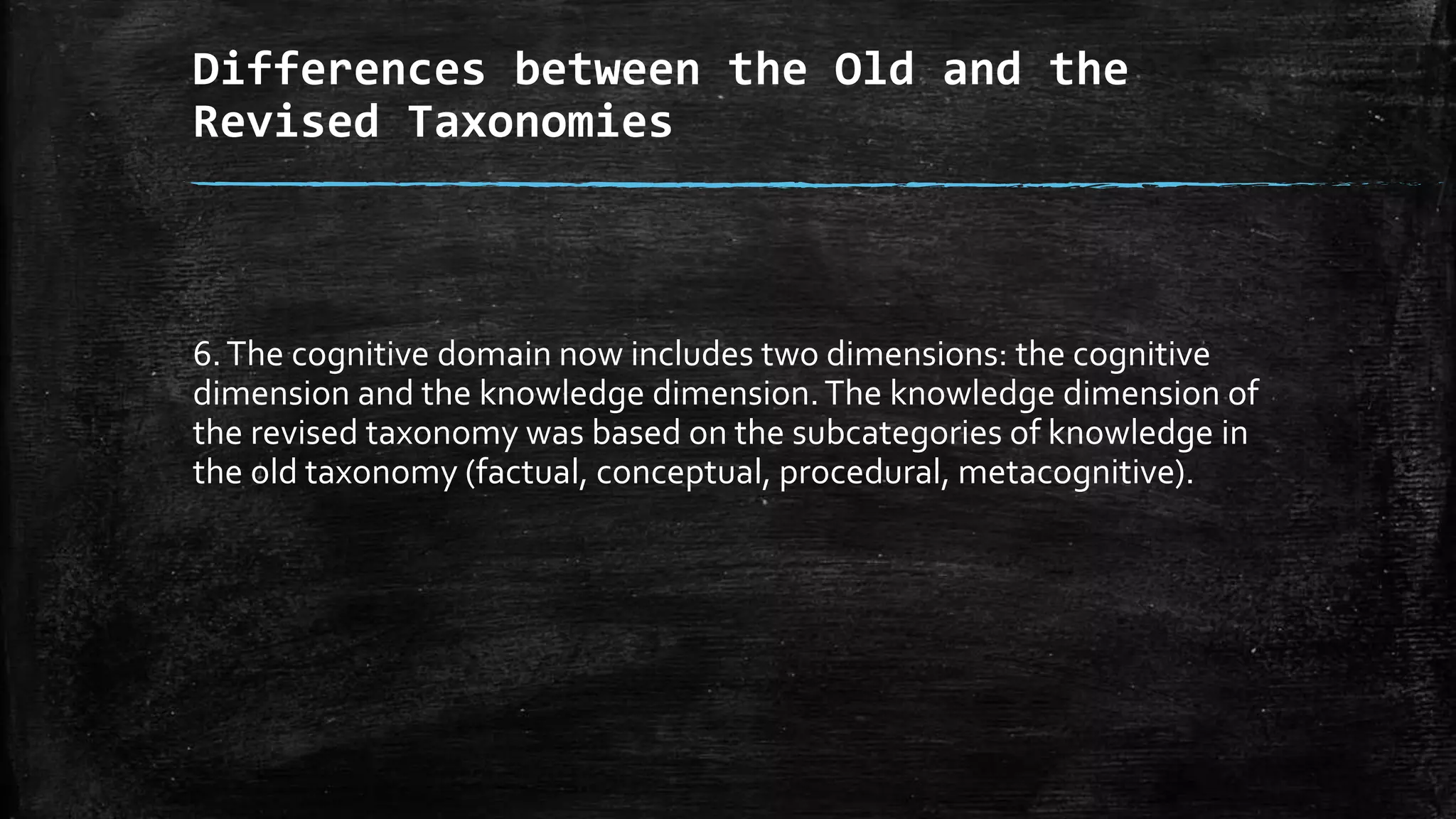 Differences between the Old and the
Revised Taxonomies
6.The cognitive domain now includes two dimensions: the cognitive
dimension and the knowledge dimension.The knowledge dimension of
the revised taxonomy was based on the subcategories of knowledge in
the old taxonomy (factual, conceptual, procedural, metacognitive).
 