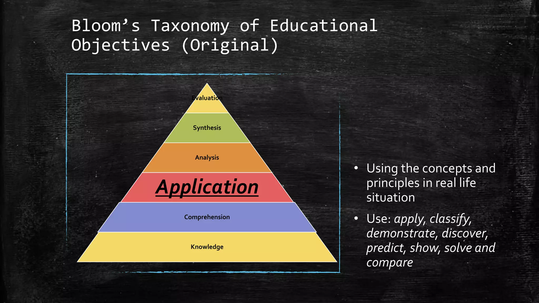 Bloom’s Taxonomy of Educational
Objectives (Original)
• Using the concepts and
principles in real life
situation
• Use: apply, classify,
demonstrate, discover,
predict, show, solve and
compare
Evaluation
Synthesis
Analysis
Application
Comprehension
Knowledge
 