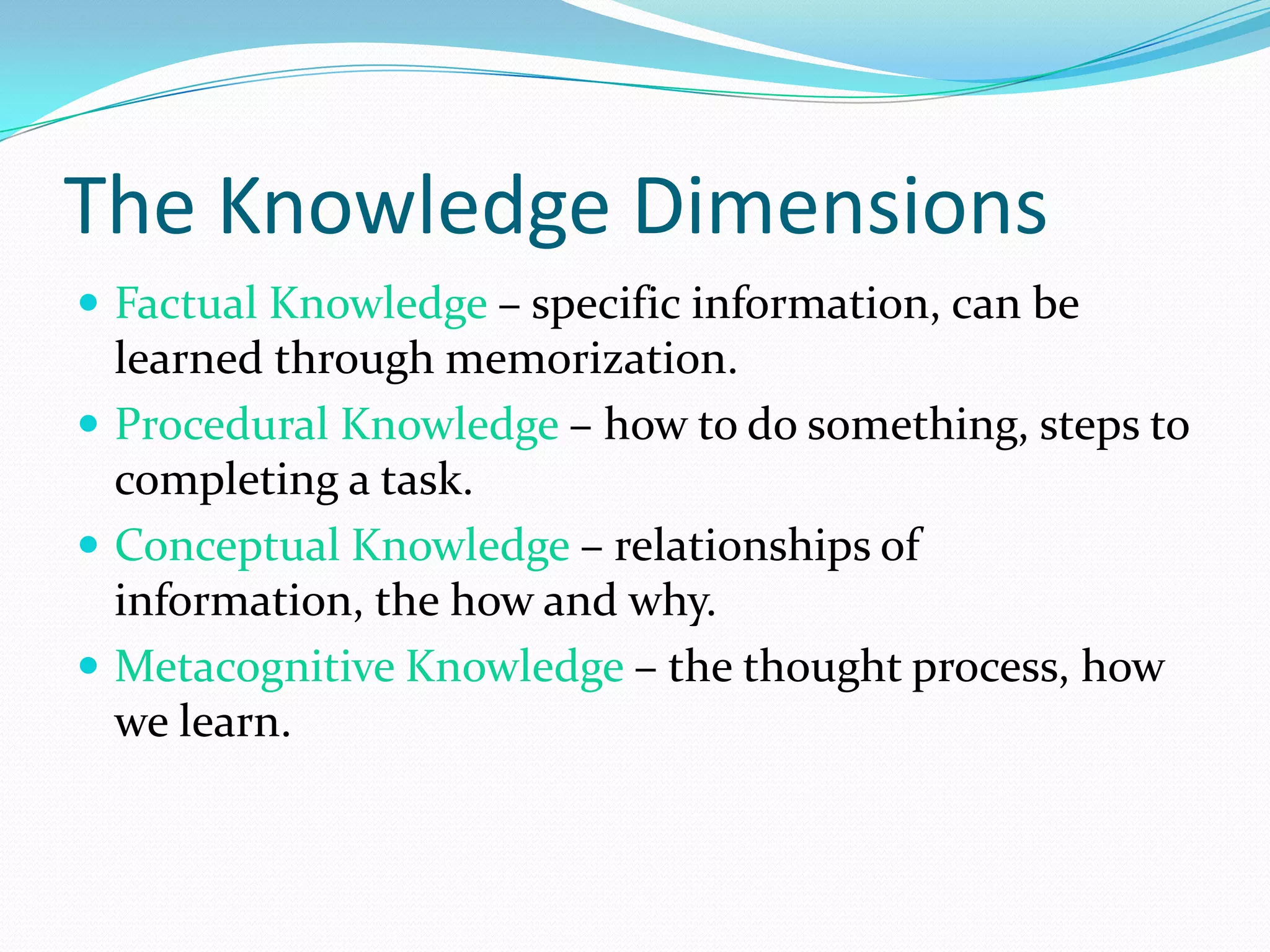 The Knowledge DimensionsFactual Knowledge – specific information, can be learned through memorization.Procedural Knowledge – how to do something, steps to completing a task.Conceptual Knowledge – relationships of information, the how and why.Metacognitive Knowledge – the thought process, how we learn.
