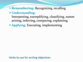 Remembering: Recognizing, recallingUnderstanding: Interpreting, exemplifying, classifying, summarizing, inferring, comparing, explainingApplying: Executing, implementingVerbs to use for writing objectives