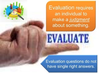 Evaluation requires
    an individual to
   make a judgment
   about something.




Evaluation questions do not
 have single right answers.
 