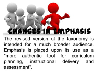 Changes in Emphasis
The revised version of the taxonomy is
intended for a much broader audience.
Emphasis is placed upon its use as a
"more authentic tool for curriculum
planning, instructional delivery and
assessment“.
 
