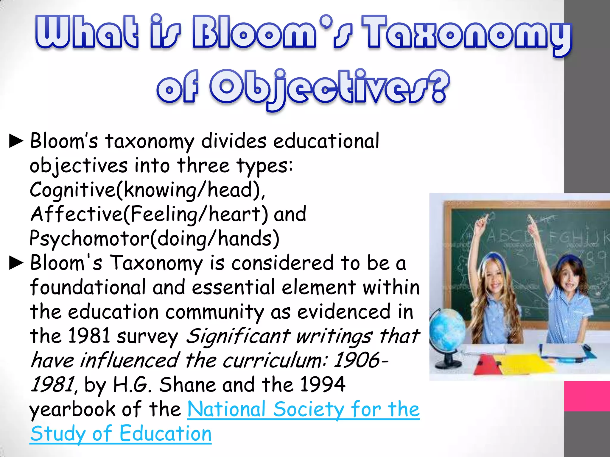 ►Bloom’s taxonomy divides educational
objectives into three types:
Cognitive(knowing/head),
Affective(Feeling/heart) and
Psychomotor(doing/hands)
►Bloom's Taxonomy is considered to be a
foundational and essential element within
the education community as evidenced in
the 1981 survey Significant writings that
have influenced the curriculum: 1906-
1981, by H.G. Shane and the 1994
yearbook of the National Society for the
Study of Education
 