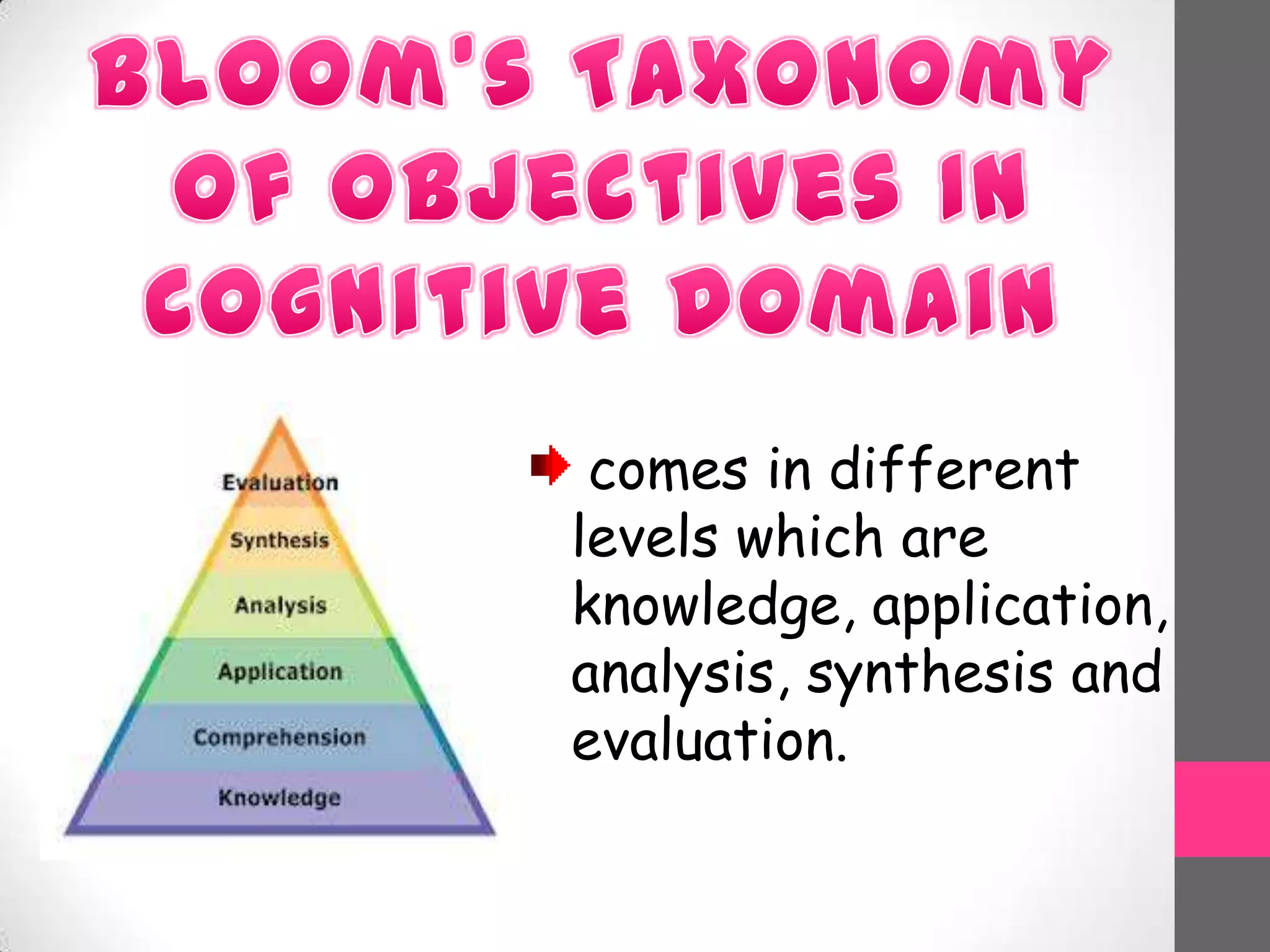 comes in different
levels which are
knowledge, application,
analysis, synthesis and
evaluation.
 
