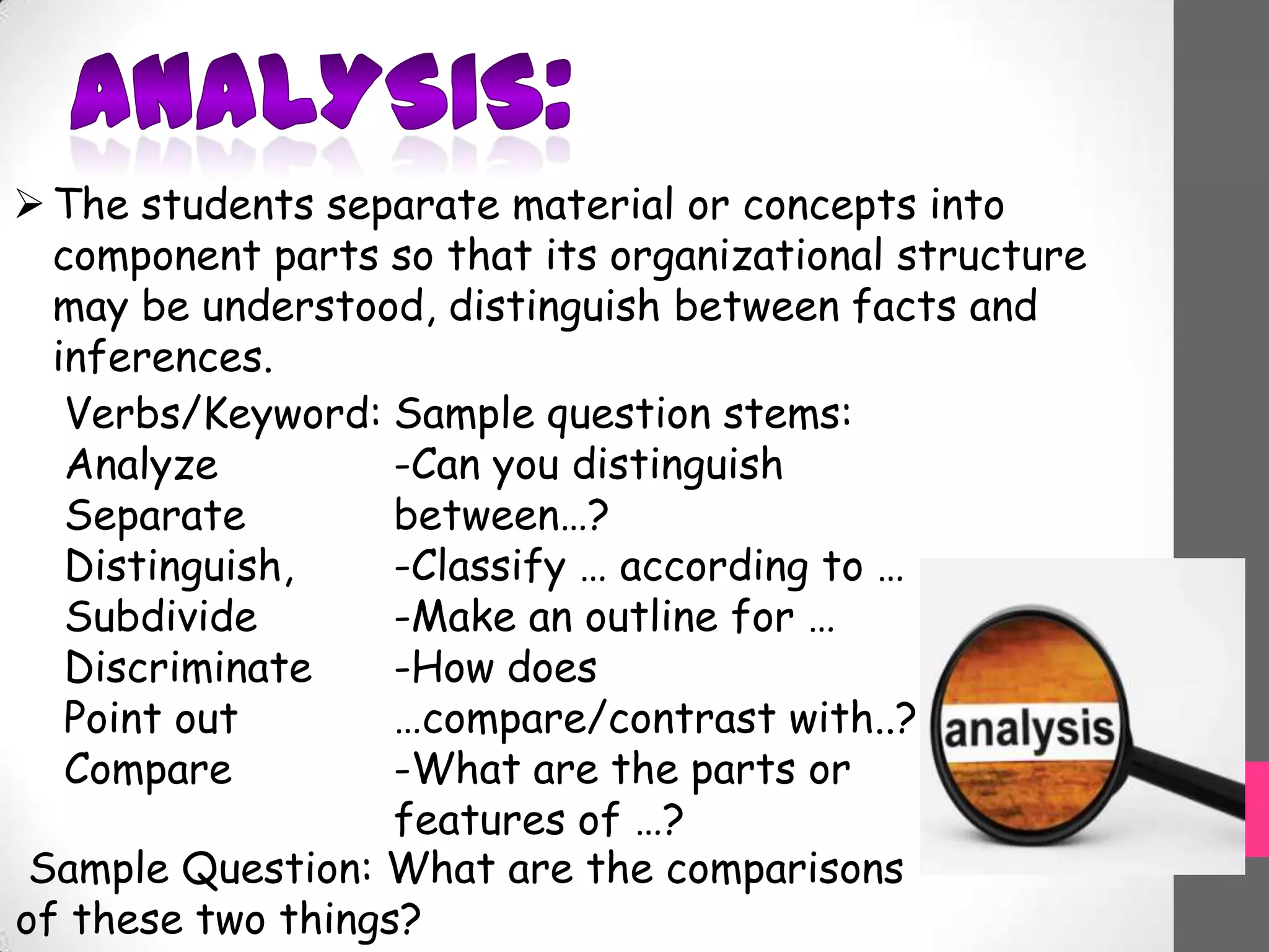 The students separate material or concepts into
component parts so that its organizational structure
may be understood, distinguish between facts and
inferences.
Verbs/Keyword:
Analyze
Separate
Distinguish,
Subdivide
Discriminate
Point out
Compare
Sample question stems:
-Can you distinguish
between…?
-Classify … according to …
-Make an outline for …
-How does
…compare/contrast with..?
-What are the parts or
features of …?
Sample Question: What are the comparisons
of these two things?
 