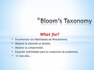 *
What for?
• Incrementar las Habilidades de Pensamiento.
• Mejorar la atención al detalle.
• Mejorar la comprensión.
• Expandir habilidades para la resolución de problemas.
• «Ir más allá».
 
