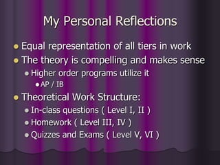 My Personal Reflections
 Equal representation of all tiers in work
 The theory is compelling and makes sense
 Higher order programs utilize it
 AP / IB
 Theoretical Work Structure:
 In-class questions ( Level I, II )
 Homework ( Level III, IV )
 Quizzes and Exams ( Level V, VI )
 