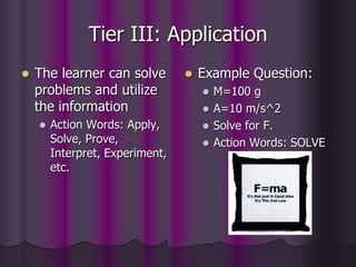 Tier III: Application
 The learner can solve
problems and utilize
the information
 Action Words: Apply,
Solve, Prove,
Interpret, Experiment,
etc.
 Example Question:
 M=100 g
 A=10 m/s^2
 Solve for F.
 Action Words: SOLVE
 