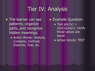 Tier IV: Analysis
 The learner can see
patterns, organize
parts, and recognize
hidden meanings.
 Action Words: Analyze,
Compare, Contrast,
Examine, Test, etc.
 Example Question:
 Test sin(2x) =
2sin(x)cos(x). Verify
those values are
equal.
 Action Words: TEST
 