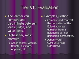 Tier VI: Evaluation
 The learner can
compare and
discriminate between
ideas, judge, and
value ideas.
 Highest tier, most
effective
 Action Words: Assess,
Debate, Estimate,
Appraise, etc.
 Example Question:
 Compare and contrast
the derivation of the
Euler-Lagrange
equation from a
holonomic vs. non-
holonomic perspective.
 Action Word:
COMPARE AND
CONTRAST
 