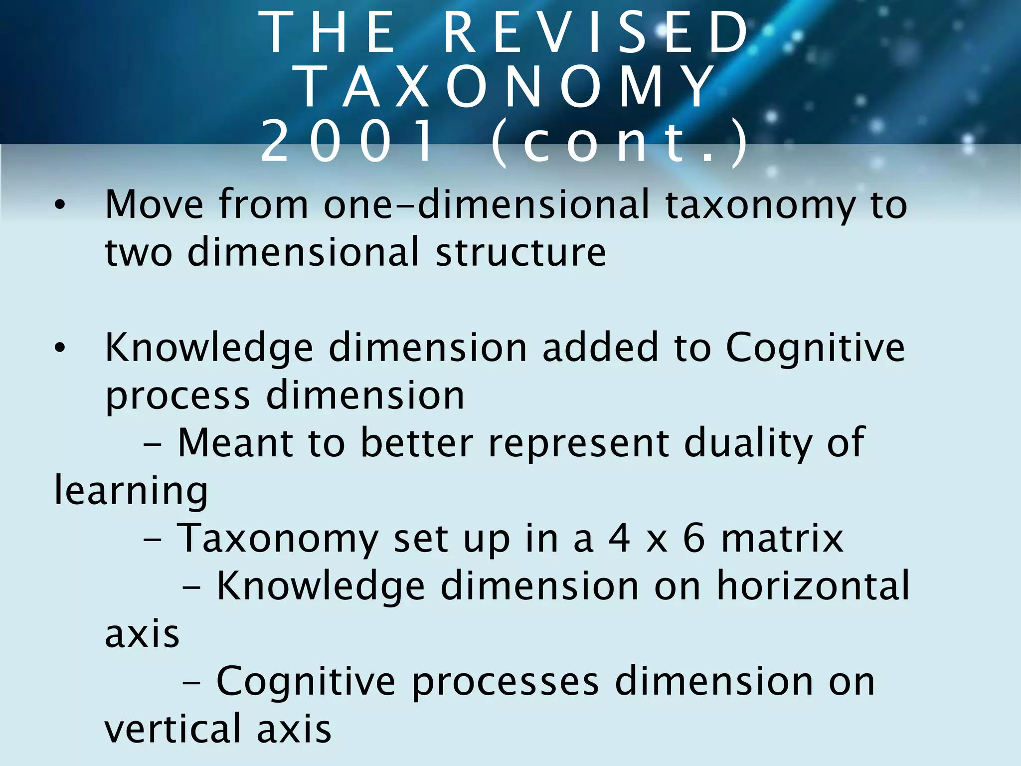 T H E R E V I S E D 
T A X O N O M Y 
2 0 0 1 ( c o n t . ) 
• Move from one-dimensional taxonomy to 
two dimensional structure 
• Knowledge dimension added to Cognitive 
process dimension 
- Meant to better represent duality of 
learning 
- Taxonomy set up in a 4 x 6 matrix 
- Knowledge dimension on horizontal 
axis 
- Cognitive processes dimension on 
vertical axis 
 