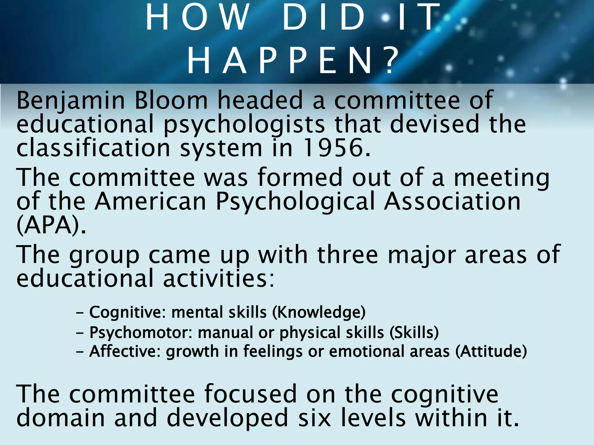 H O W D I D I T 
H A P P E N ? 
Benjamin Bloom headed a committee of 
educational psychologists that devised the 
classification system in 1956. 
The committee was formed out of a meeting 
of the American Psychological Association 
(APA). 
The group came up with three major areas of 
educational activities: 
- Cognitive: mental skills (Knowledge) 
- Psychomotor: manual or physical skills (Skills) 
- Affective: growth in feelings or emotional areas (Attitude) 
The committee focused on the cognitive 
domain and developed six levels within it. 
 