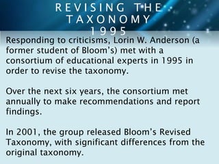 R E V I S I N G T H E 
T A X O N O M Y 
1 9 9 5 
Responding to criticisms, Lorin W. Anderson (a 
former student of Bloom’s) met with a 
consortium of educational experts in 1995 in 
order to revise the taxonomy. 
Over the next six years, the consortium met 
annually to make recommendations and report 
findings. 
In 2001, the group released Bloom’s Revised 
Taxonomy, with significant differences from the 
original taxonomy. 
 