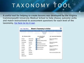 T A X O N O M Y T O O L 
A useful tool for helping to create lessons was developed by the Virginia 
Commonwealth University Medical School to help choose outcome verbs 
and match instructional to assessment questions for each level of the 
taxonomy. Go here to try it out. 
 