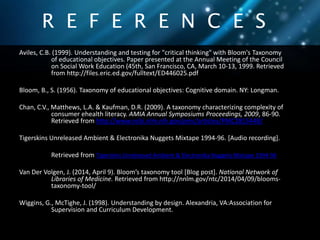 R E F E R E N C E S 
Aviles, C.B. (1999). Understanding and testing for "critical thinking" with Bloom's Taxonomy 
of educational objectives. Paper presented at the Annual Meeting of the Council 
on Social Work Education (45th, San Francisco, CA, March 10-13, 1999. Retrieved 
from http://files.eric.ed.gov/fulltext/ED446025.pdf 
Bloom, B., S. (1956). Taxonomy of educational objectives: Cognitive domain. NY: Longman. 
Chan, C.V., Matthews, L.A. & Kaufman, D.R. (2009). A taxonomy characterizing complexity of 
consumer ehealth literacy. AMIA Annual Symposiums Proceedings, 2009, 86-90. 
Retrieved from http://www.ncbi.nlm.nih.gov/pmc/articles/PMC2815448/ 
Tigerskins Unreleased Ambient & Electronika Nuggets Mixtape 1994-96. [Audio recording]. 
Retrieved from Tigerskins Unreleased Ambient & Electronika Nuggets Mixtape 1994-96 
Van Der Volgen, J. (2014, April 9). Bloom’s taxonomy tool [Blog post]. National Network of 
Libraries of Medicine. Retrieved from http://nnlm.gov/ntc/2014/04/09/blooms-taxonomy- 
tool/ 
Wiggins, G., McTighe, J. (1998). Understanding by design. Alexandria, VA:Association for 
Supervision and Curriculum Development. 
 