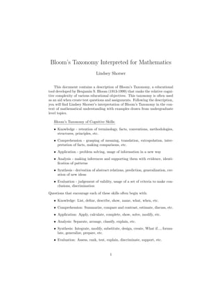 Bloom’s Taxonomy Interpreted for Mathematics
Lindsey Shorser
This document contains a description of Bloom’s Taxonomy, a educational
tool developed by Benjamin S. Bloom (1913-1999) that ranks the relative cogni-
tive complexity of various educational objectives. This taxonomy is often used
as an aid when create test questions and assignments. Following the description,
you will ﬁnd Lindsey Shorser’s interpretation of Bloom’s Taxonomy in the con-
text of mathematical understanding with examples drawn from undergraduate
level topics.
Bloom’s Taxonomy of Cognitive Skills:
• Knowledge - retention of terminology, facts, conventions, methodologies,
structures, principles, etc.
• Comprehension - grasping of meaning, translation, extrapolation, inter-
pretation of facts, making comparisons, etc.
• Application - problem solving, usage of information in a new way
• Analysis - making inferences and supporting them with evidence, identi-
ﬁcation of patterns
• Synthesis - derivation of abstract relations, prediction, generalization, cre-
ation of new ideas
• Evaluation - judgement of validity, usage of a set of criteria to make con-
clusions, discrimination
Questions that encourage each of these skills often begin with:
• Knowledge: List, deﬁne, describe, show, name, what, when, etc.
• Comprehension: Summarize, compare and contrast, estimate, discuss, etc.
• Application: Apply, calculate, complete, show, solve, modify, etc.
• Analysis: Separate, arrange, classify, explain, etc.
• Synthesis: Integrate, modify, substitute, design, create, What if..., formu-
late, generalize, prepare, etc.
• Evaluation: Assess, rank, test, explain, discriminate, support, etc.
1
 