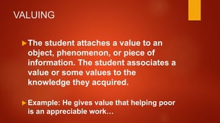 VALUING
The student attaches a value to an
object, phenomenon, or piece of
information. The student associates a
value or some values to the
knowledge they acquired.
 Example: He gives value that helping poor
is an appreciable work…
 