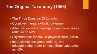 The Original Taxonomy (1956)
 The Three Domains Of Learning:
 Cognitive: mental skills (knowledge)
 Affective: growth in feelings or emotional areas
(attitude or self)
 Psychomotor: manual or physical skills (skills)
 Instructional designers, trainers, and
educators often refer to these three categories
as KSA
 