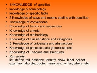 • 1KNOWLEDGE of specifics
• knowledge of terminology
• knowledge of specific facts
• 2.Knowledge of ways and means dealing with specifics
• knowledge of conventions
• Knowledge of trends and sequences
• Knowledge of criteria
• Knowledge of methodology
• Knowledge of classifications and categories
• 3. Knowledge of universals and abstractions
• Knowledge of principles and generalisations
• Knowledge of Theories and structures
• Key words:
list, define, tell, describe, identify, show, label, collect,
examine, tabulate, quote, name, who, when, where, etc.
 