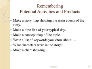 Remembering
Potential Activities and Products
 Make a story map showing the main events of the
story.
 Make a time line of your typical day.
 Make a concept map of the topic.
 Write a list of keywords you know about….
 What characters were in the story?
 Make a chart showing…
4/11/2023 17
 