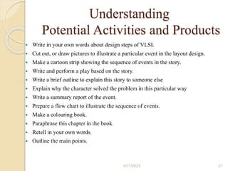 Understanding
Potential Activities and Products
 Write in your own words about design steps of VLSI.
 Cut out, or draw pictures to illustrate a particular event in the layout design.
 Make a cartoon strip showing the sequence of events in the story.
 Write and perform a play based on the story.
 Write a brief outline to explain this story to someone else
 Explain why the character solved the problem in this particular way
 Write a summary report of the event.
 Prepare a flow chart to illustrate the sequence of events.
 Make a colouring book.
 Paraphrase this chapter in the book.
 Retell in your own words.
 Outline the main points.
4/11/2023 21
 