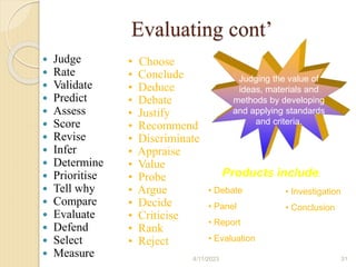Evaluating cont’
 Judge
 Rate
 Validate
 Predict
 Assess
 Score
 Revise
 Infer
 Determine
 Prioritise
 Tell why
 Compare
 Evaluate
 Defend
 Select
 Measure
• Choose
• Conclude
• Deduce
• Debate
• Justify
• Recommend
• Discriminate
• Appraise
• Value
• Probe
• Argue
• Decide
• Criticise
• Rank
• Reject
Judging the value of
ideas, materials and
methods by developing
and applying standards
and criteria.
Products include:
• Debate
• Panel
• Report
• Evaluation
• Investigation
• Conclusion
4/11/2023 31
 