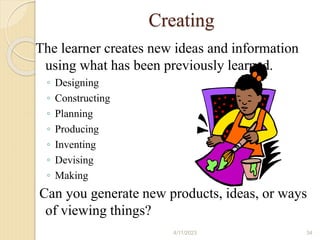 Creating
The learner creates new ideas and information
using what has been previously learned.
◦ Designing
◦ Constructing
◦ Planning
◦ Producing
◦ Inventing
◦ Devising
◦ Making
Can you generate new products, ideas, or ways
of viewing things?
4/11/2023 34
 