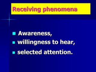 Receiving phenomena
 Awareness,
 willingness to hear,
 selected attention.
 