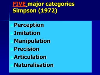 FIVE major categories
Simpson (1972)
 Perception
 Imitation
 Manipulation
 Precision
 Articulation
 Naturalisation
 
