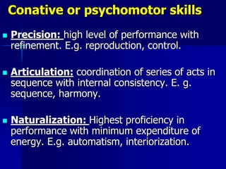 Conative or psychomotor skills
 Precision: high level of performance with
refinement. E.g. reproduction, control.
 Articulation: coordination of series of acts in
sequence with internal consistency. E. g.
sequence, harmony.
 Naturalization: Highest proficiency in
performance with minimum expenditure of
energy. E.g. automatism, interiorization.
 